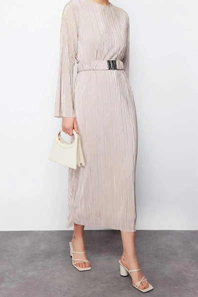 Moda Regular Casual Günlük 2 İplik Örme Bisiklet Yaka Uzun Kol Basic Maxi Boy Tesettür Elbise - 3