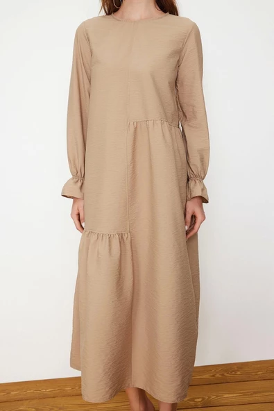 Moda Regular Casual Günlük Paraşüt Dokuma Bisiklet Yaka Uzun Kol Shift Uzun Boy Tesettür Elbise