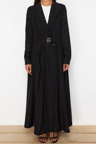 Moda Regular Günlük Keten Görünümlü Dokuma Ceket Yaka Uzun Kol A-Line Maxi Boy Tesettür Elbise