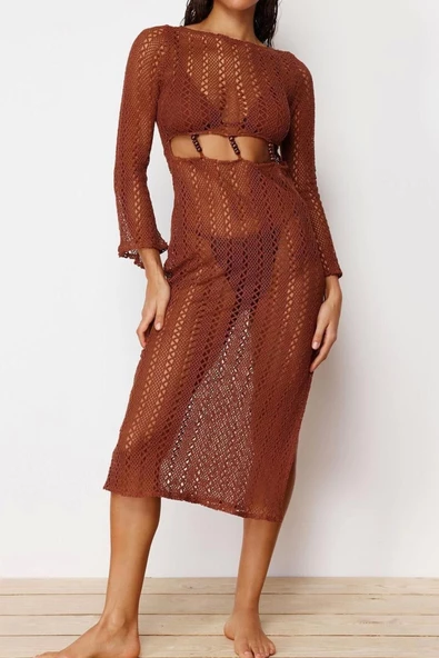 Moda Fit Plaj Günlük Triko Görünümlü Örme Bisiklet Yaka Uzun Kol Basic Maxi Boy Elbise - Resim 5