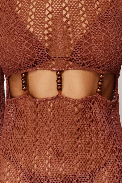 Moda Fit Plaj Günlük Triko Görünümlü Örme Bisiklet Yaka Uzun Kol Basic Maxi Boy Elbise - Resim 4