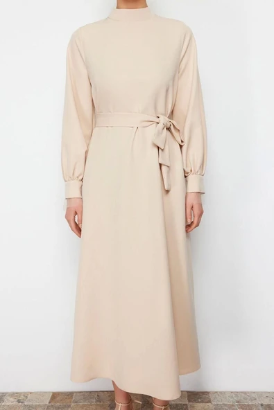 Moda Regular Casual Günlük Finike Dokuma Dik Yaka Uzun Kol Shift Maxi Boy Tesettür Elbise