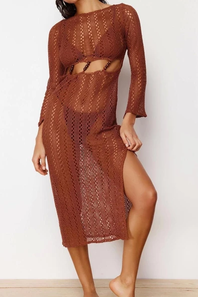 Moda Fit Plaj Günlük Triko Görünümlü Örme Bisiklet Yaka Uzun Kol Basic Maxi Boy Elbise - Resim 3