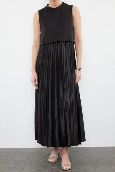 Moda Rahat Casual Günlük Saten Dokuma Bisiklet Yaka Kolsuz Kol A-Line Maxi Boy Tesettür Elbise