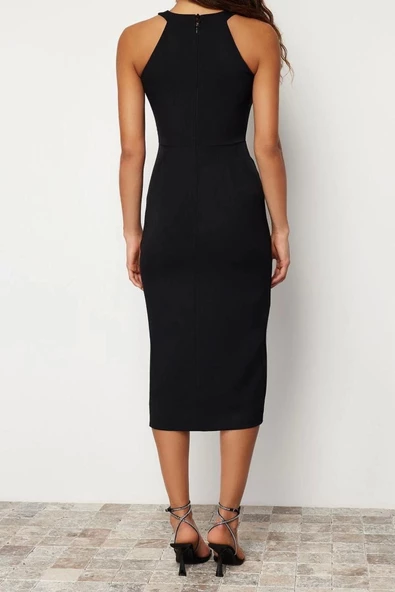 Moda Fit Mezuniyet Balo Finike Dokuma Halter Yaka Kolsuz Kol Bodycone Midi Boy Elbise - 6