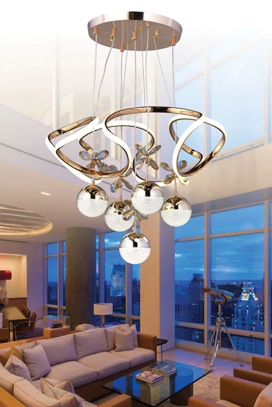 EY-EL TASARIM Galaksi Modern Sarkıt Led Avize 3 Renk Sarı Gold Kaplmalı Toplu Kelebek Taşlı - 3