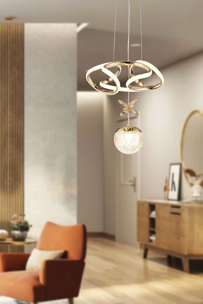 EY-EL TASARIM Tek Toplu Çiçek Modern Sarkıt Led Avize Taşlı Gold Kaplamalı - 2