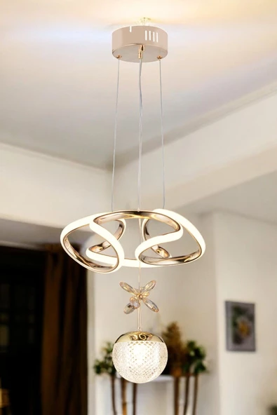 EY-EL TASARIM Tek Toplu Çiçek Modern Sarkıt Led Avize Taşlı Gold Kaplamalı