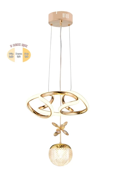 EY-EL TASARIM Tek Toplu Çiçek Modern Sarkıt Led Avize Taşlı Gold Kaplamalı - 5