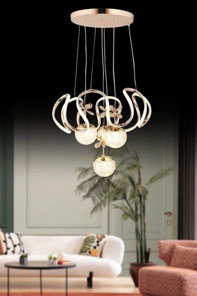 EY-EL TASARIM Maxı Toplu Taşlı Modern Sarkıt Led Avize 3 Renk Gold Kaplamalı - 2