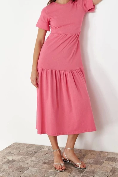 Moda Regular Günlük 20 1 Penye Süprem Örme Bisiklet Yaka Kısa Kol Eteği Fırfırlı Midi Boy Elbise - 4