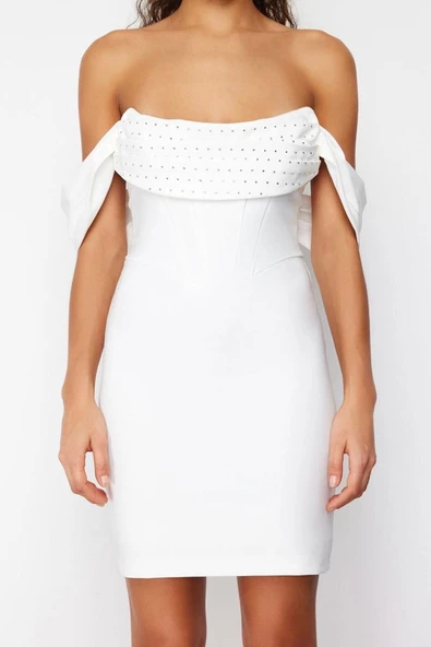 Moda Fit Mezuniyet Balo Finike Dokuma Carmen Yaka Kısa Kol Bodycone Mini Boy Elbise