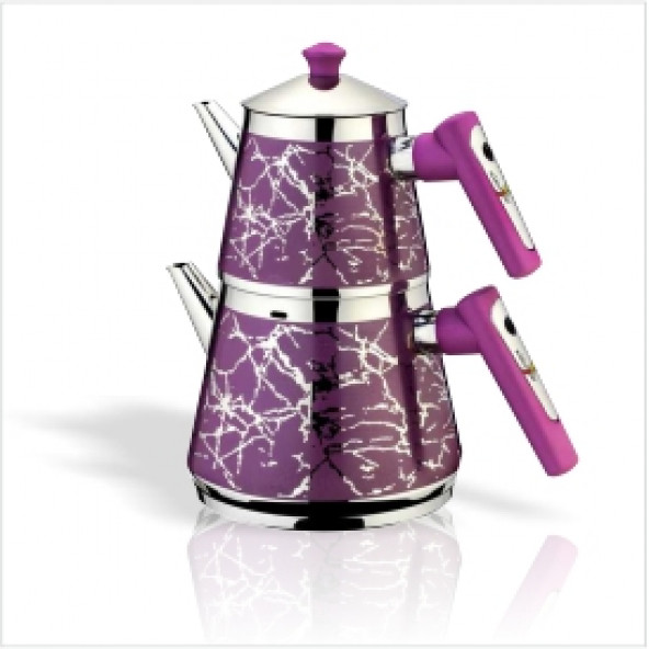 En Kaliteli Aile Büyük Boy Hediyelik Mor Desenl Ayna Gibi Çelik 250 lt. Su Hazneli Çaydanlık Demlik