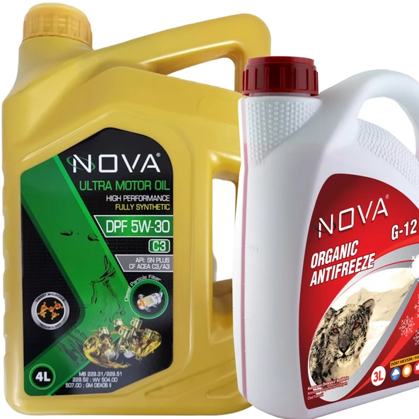 Nova DPF C3 5W-30 4 Litre Tam Sentetik Motor Yağı + 3 L Kırmızı Antifriz