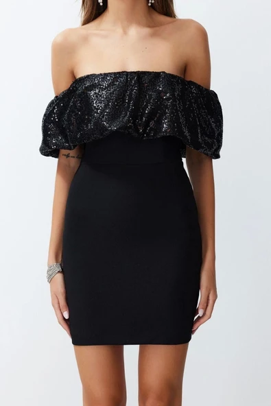 Moda Fit Mezuniyet Balo Finike Dokuma Carmen Yaka Kısa Kol Bodycone Mini Boy Elbise