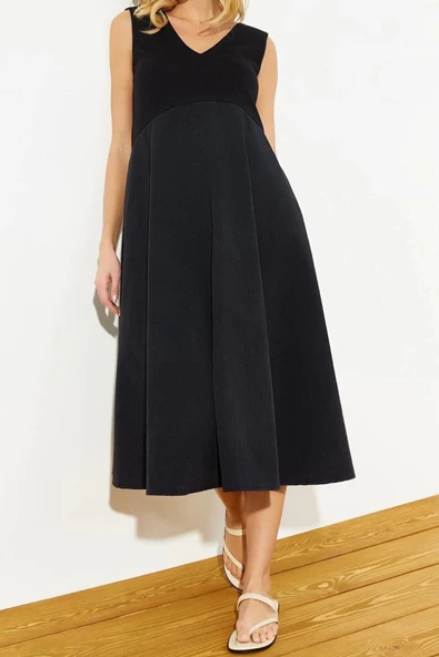 Moda Slim Gündüz Gece Paraşüt Dokuma V Yaka Kolsuz Kol Skater Maxi Boy Elbise - Resim 4