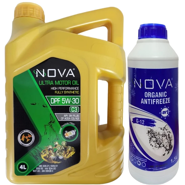 Nova DPF C3 5W-30 4 Litre Tam Sentetik Motor Yağı + 1.5 L Yeşil Antifriz