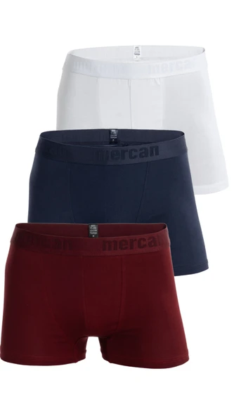 Mercan Erkek 3'lü Pamuklu Likralı Çok Renkli Esnek Boxer (BORDO LACİVERT BEYAZ)