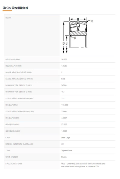 21310KEJW33 - 50X27X110 - TIMKEN - Resim 2