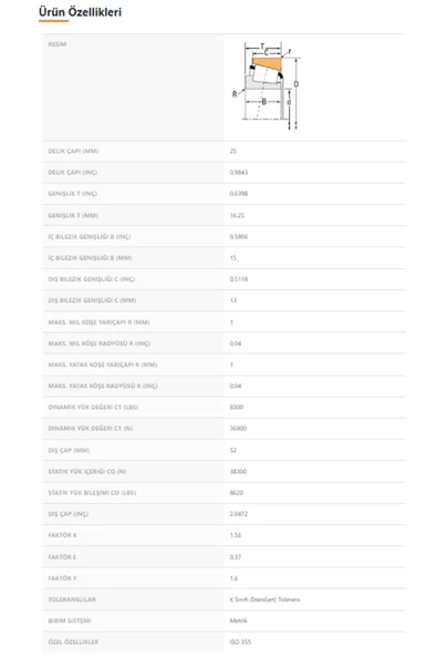 30205M-90KM1 - 25X16,25X52 - TIMKEN - Resim 2