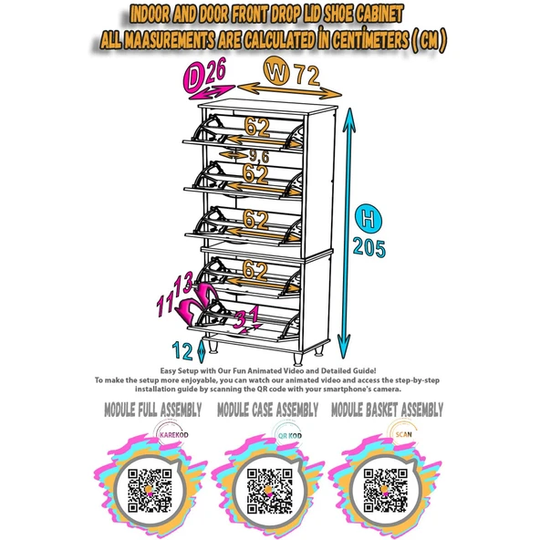 Modilayn VARBİ UMAY' 2 Li Antre Hol 72x205x26 cm’ lik 5 Düşer Kapak 10  Raflı Ayakkabılık - Resim 6