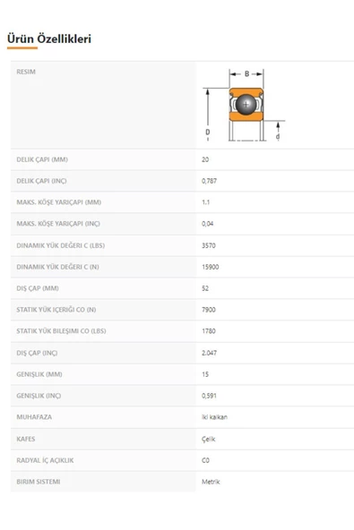 6304-ZZ - 20X15X52 - TIMKEN - Resim 2