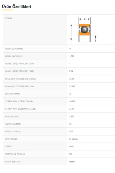 6009-ZZ - 45X16X75 - TIMKEN - Resim 2