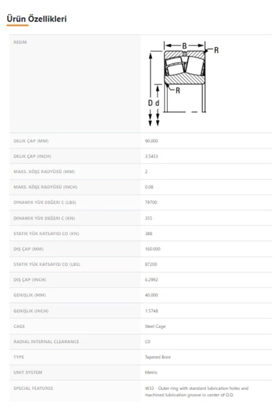 22218KEJW33 - 90X40X160 TIMKEN - Resim 2