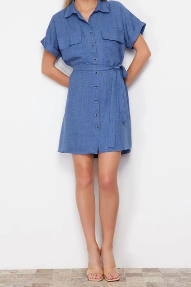 Moda Regular Casual Günlük Aerobin Dokuma Gömlek Yaka Uzun Kol Gömlek Elbise Mini Boy Elbise - 3