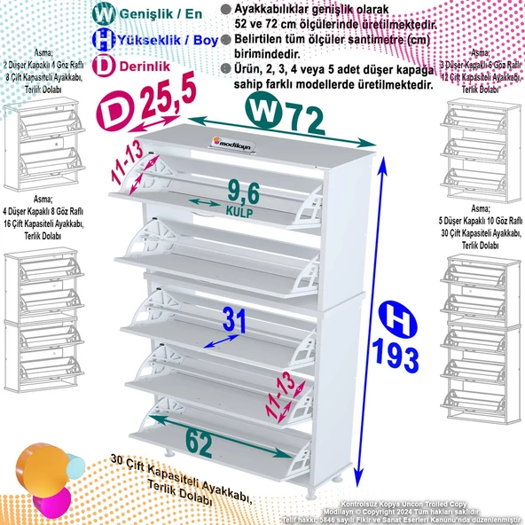 Modilayn VARBİ UMAY' 2 Li Antre Hol 72x205x26 cm’ lik 5 Düşer Kapak Göz 10 Raflı Ayakkabılık - 5