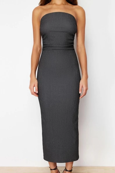 Moda Slim Casual Günlük Bürümcük Örme Straplez Kolsuz Kol Bodycone Midi Boy Elbise