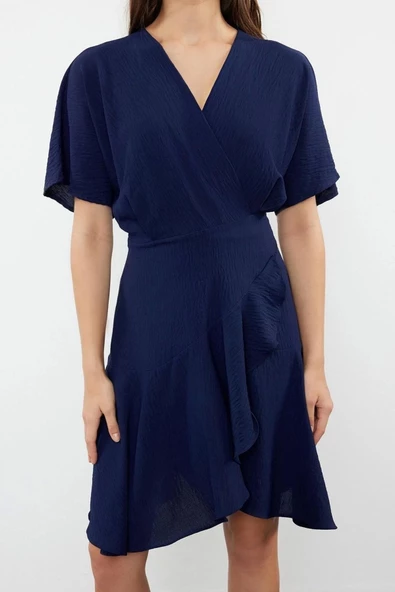 Moda Regular Casual Günlük Aerobin Dokuma Kruvaze Kısa Kol Kruvaze Mini Boy Elbise - Resim 4