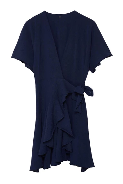 Moda Regular Casual Günlük Aerobin Dokuma Kruvaze Kısa Kol Kruvaze Mini Boy Elbise - Resim 7