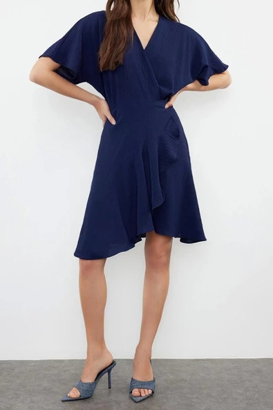 Moda Regular Casual Günlük Aerobin Dokuma Kruvaze Kısa Kol Kruvaze Mini Boy Elbise - Resim 3