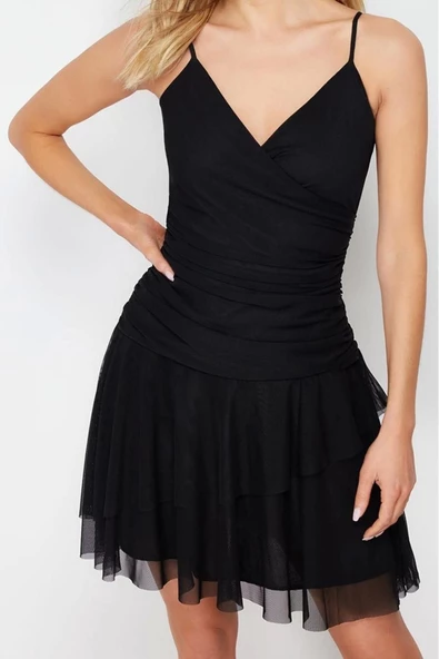 Moda Slim Gündüz Gece Tül Örme Kruvaze Askılı Kol Eteği Fırfırlı Mini Boy Elbise - 2