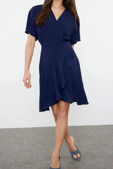 Moda Regular Casual Günlük Aerobin Dokuma Kruvaze Kısa Kol Kruvaze Mini Boy Elbise - Resim 2