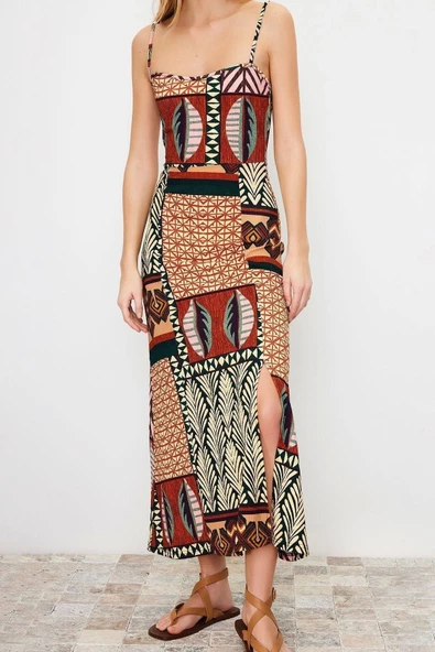 Moda Regular Casual Günlük Bürümcük Örme Kare Yaka Askılı Kol Shift Midi Boy Elbise