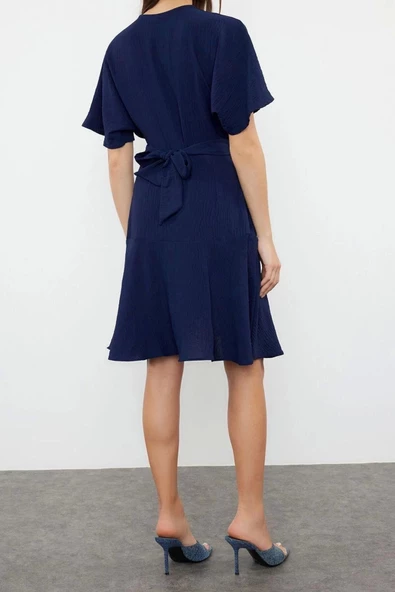 Moda Regular Casual Günlük Aerobin Dokuma Kruvaze Kısa Kol Kruvaze Mini Boy Elbise - Resim 6