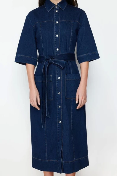 Moda Regular Casual Günlük Rigid Denim Gömlek Yaka Uzun Kol Basic Maxi Boy Elbise