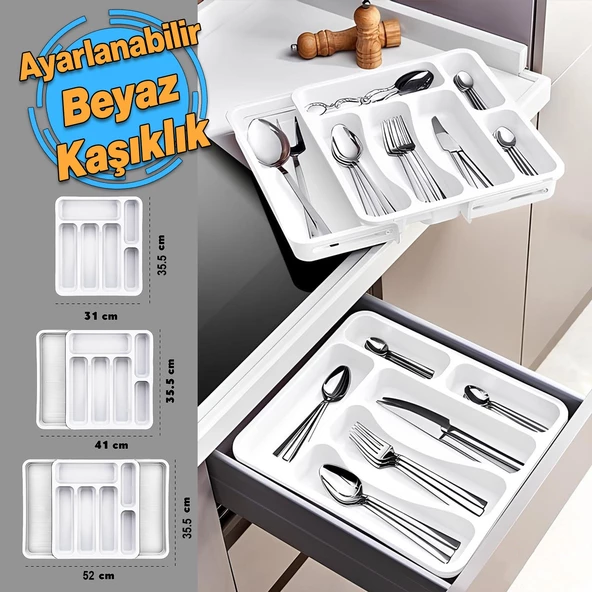 Beyaz Açılabilir Ayarlanabilir Kayar Kaşıklık Çekmece İçi Bıçak Kaşık Çatal Düzenleyici Çift Kanat