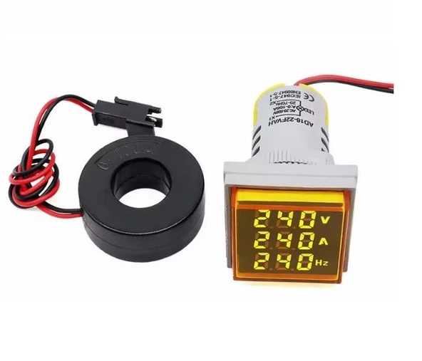 Dijital Voltmetre /Ampermetre / Hertz metre 22mm Kare Sarı (20-500v/0-100a/0-99hz)