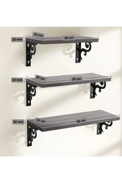 Duvar Rafı Kitaplık Mutfak Banyo Yaşam Alanı Metal Ahşap 3 Lü Set Raf - 2