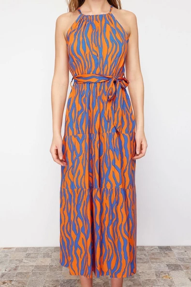 Moda Regular Casual Günlük Shally Dokuma Halter Yaka Kolsuz Kol Shift Maxi Boy Elbise