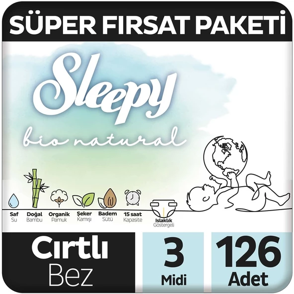 Sleepy Bio Natural Süper Fırsat Paketi Bebek Bezi 3 Numara Midi 126 Adet ürün görseli