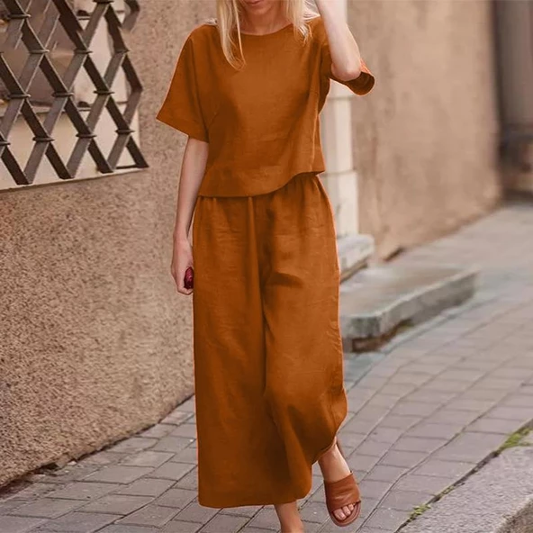 Keten Günlük Rahat Beli Lastikli Kadın İkili Takım Alt Üst