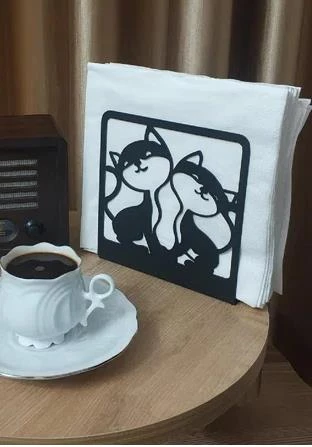 Kedi Desenli Peçetelik Sofra Mutfak Peçetelik Siyah