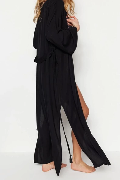 Moda Dokuma Regular Kalıp Uzun V Yaka Standart Kol Shally Panço Şal Desen Kimono Kaftan - 3