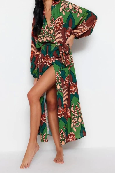 Moda Dokuma Regular Kalıp Uzun Şal Yaka Standart Kol Shally Basic Tropikal Desen Kimono Kaftan - 2