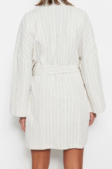 Moda Dokuma Regular Kalıp Mini Şal Yaka Standart Kol Keten karışımlı Basic Düz Desen Kimono Kaftan - 4
