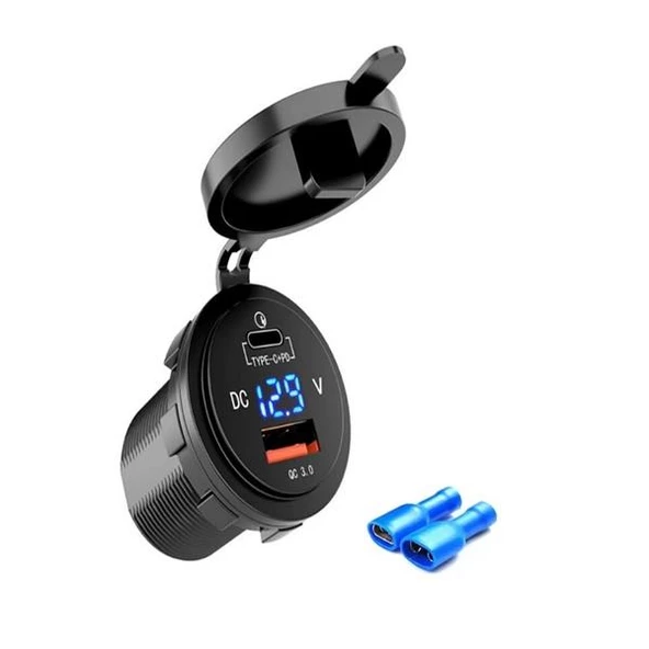 USB ŞARJ SOKET TYPE C-QC3.0 (12-24V) YUVARLAK VOLTMETRE'Lİ MAVİ